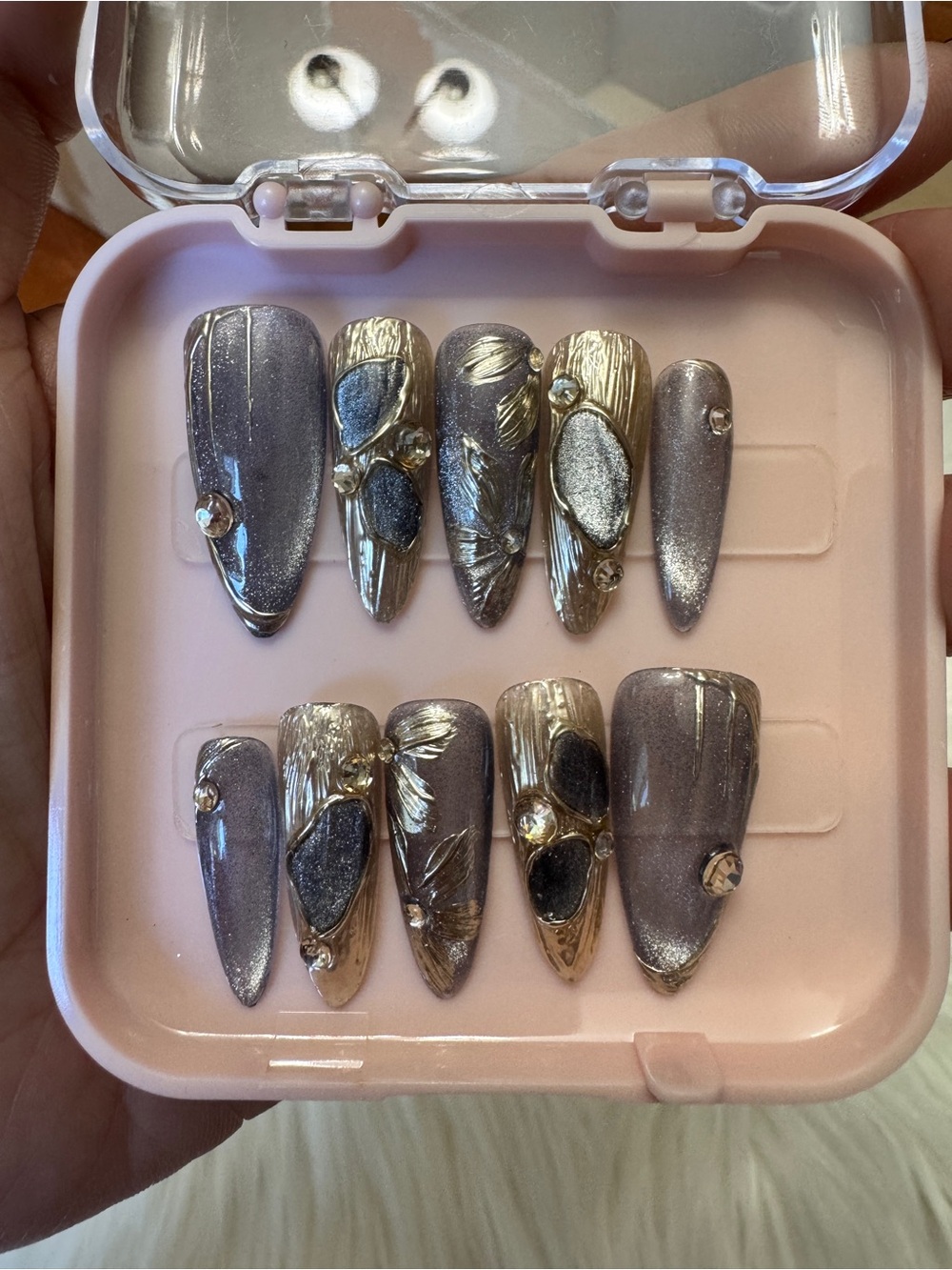 Metallic Mauve & Gold Press-On Nail Set with Rhinestones
